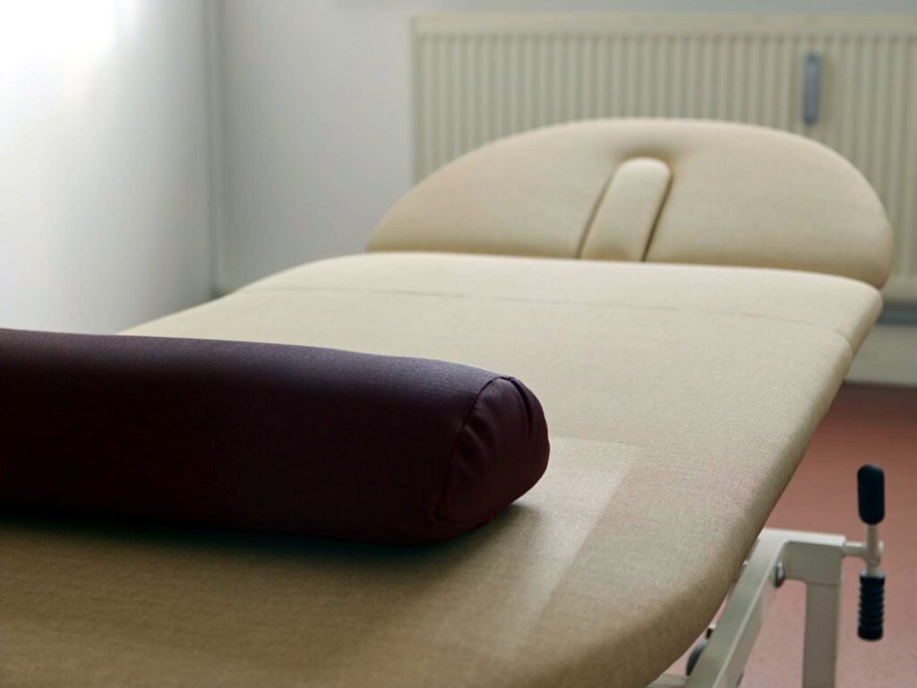 Moderne, wohltemperierte Behandlungsliege mit Fußrolle zum Auflegen